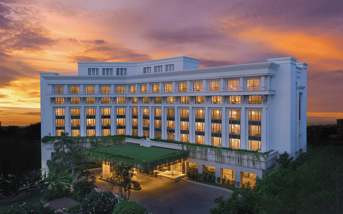 Illuminated exterior of ITC Kakatiya in Hyderabad at dusk