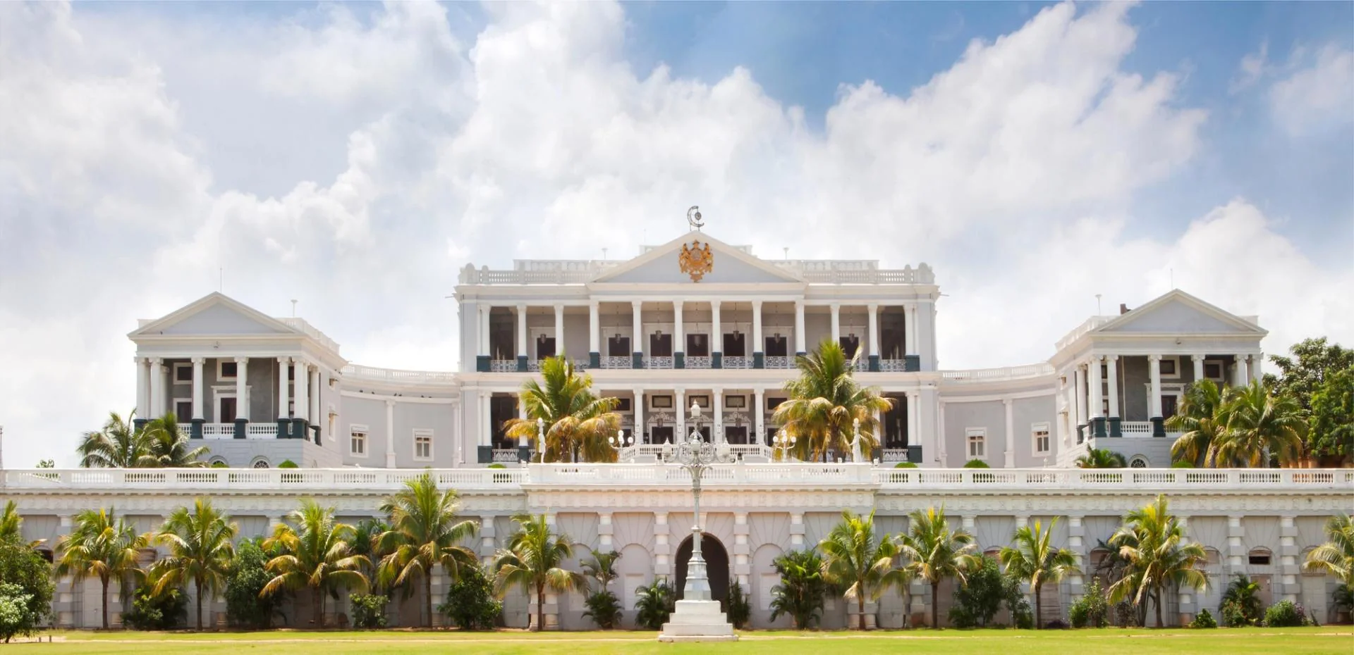 Daytime exterior of Taj Falaknuma Palace in Hyderabad