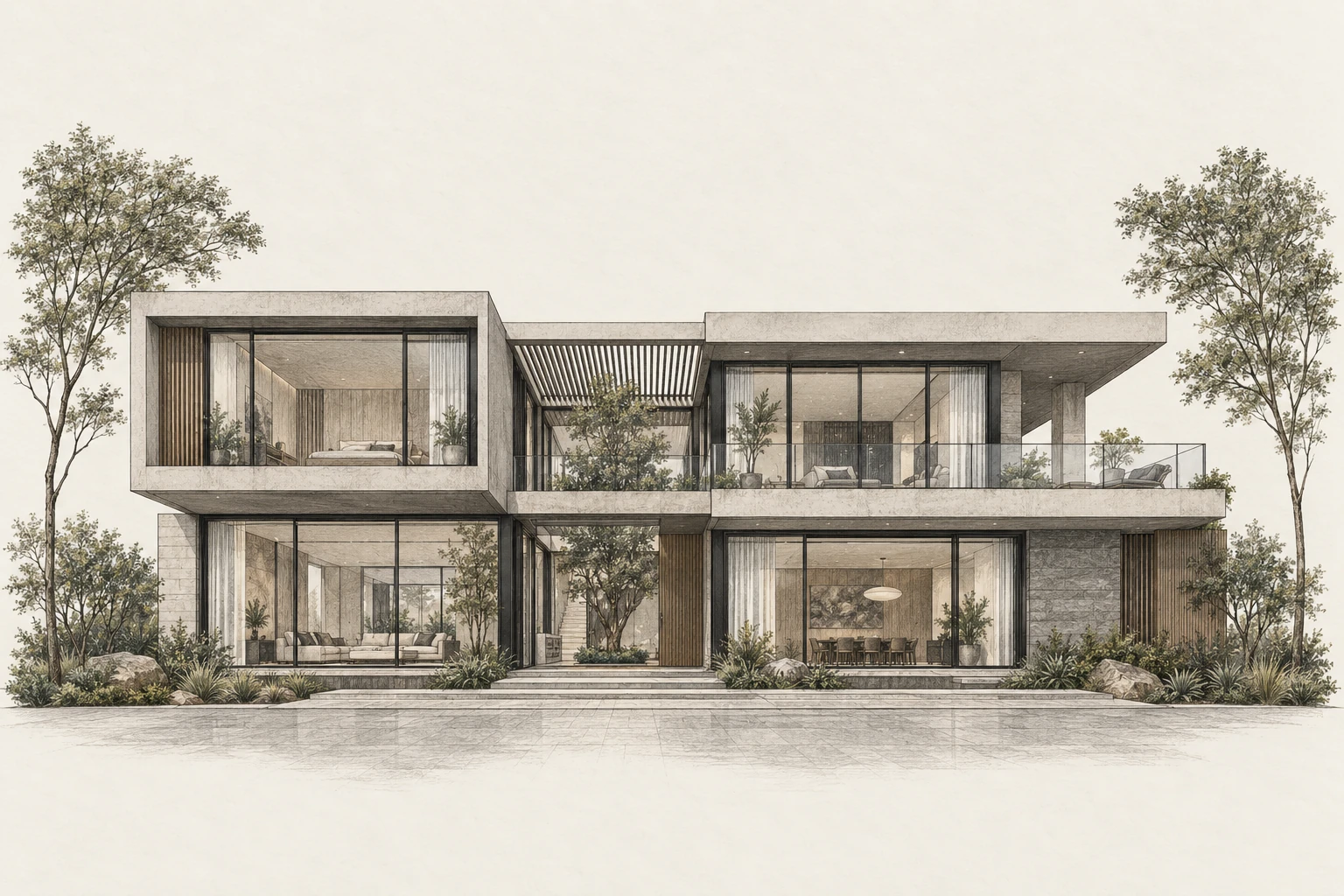 Concept illustration of a courtyard villa with slim aluminium windows, sliding doors and glass railings