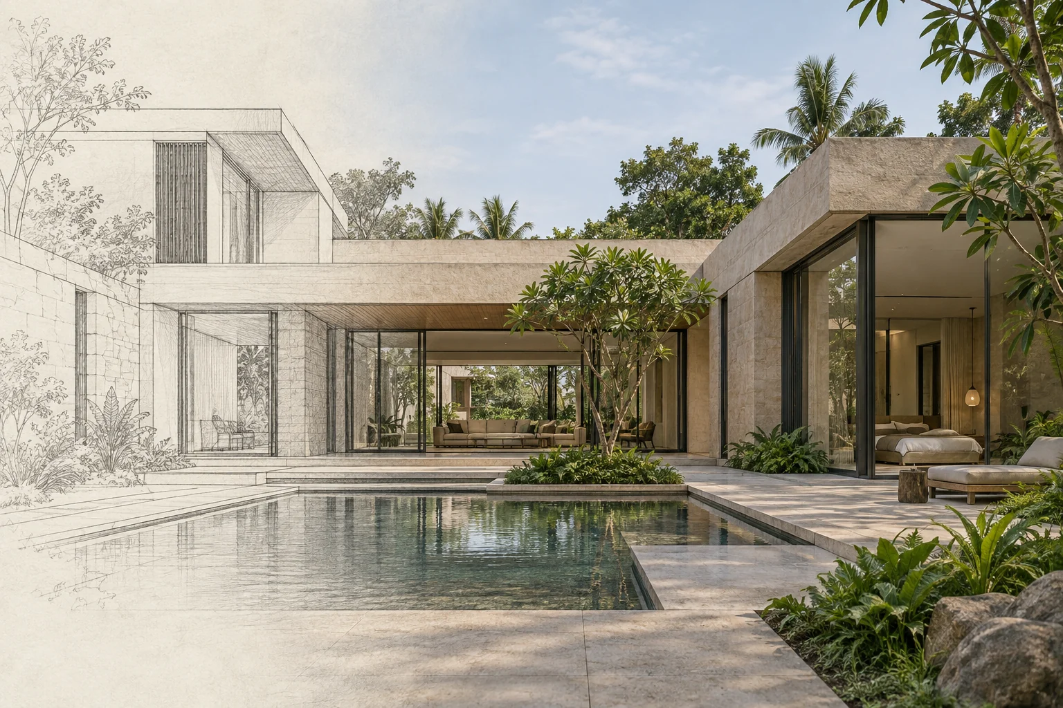 Architectural concept: a graphite villa drawing transitions into a finished stone courtyard home with slim aluminium glazing