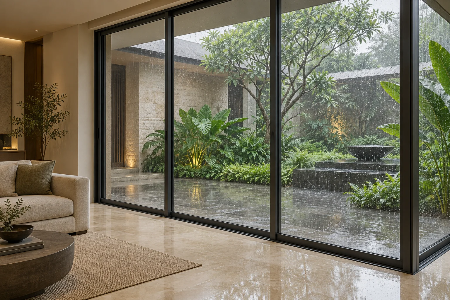 Architectural concept: closed aluminium glazing frames a rain-soaked courtyard from a sheltered living room